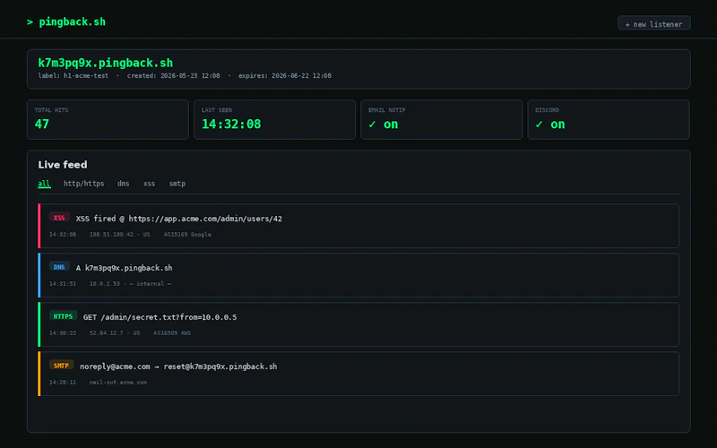 PingBack.sh Free Blind XSS & OOB  screenshot 2