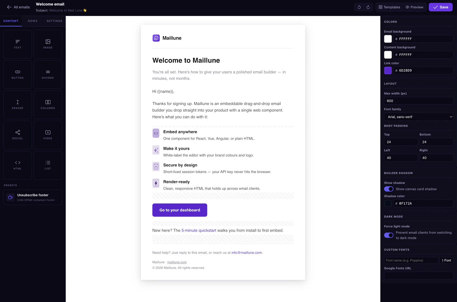 Maillune — Embeddable Email Builder SDK screenshot 2