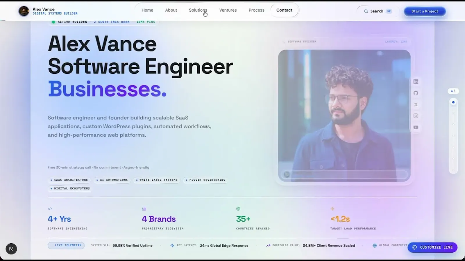 Liquid Glass Portfolio for Tech Founders screenshot 1 (video preview)