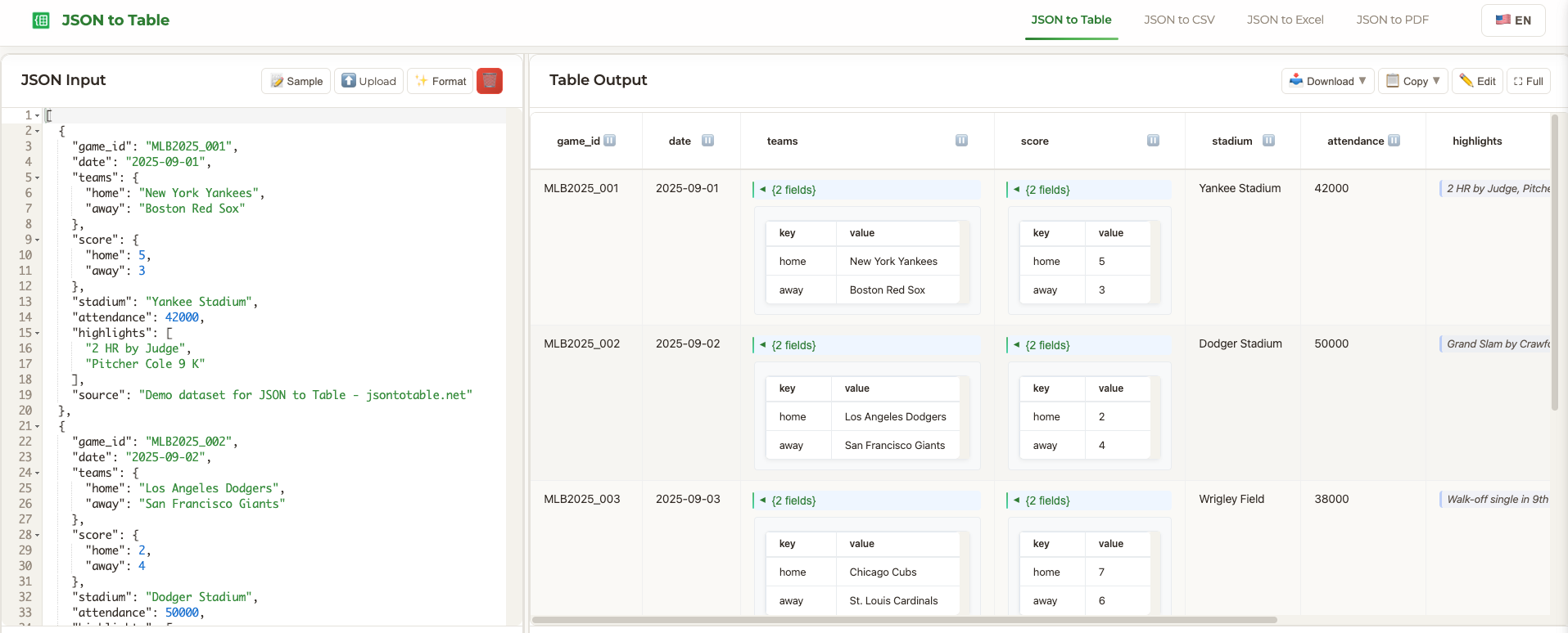 JSON to Table - Screenshot 2 showing product features and functionality
