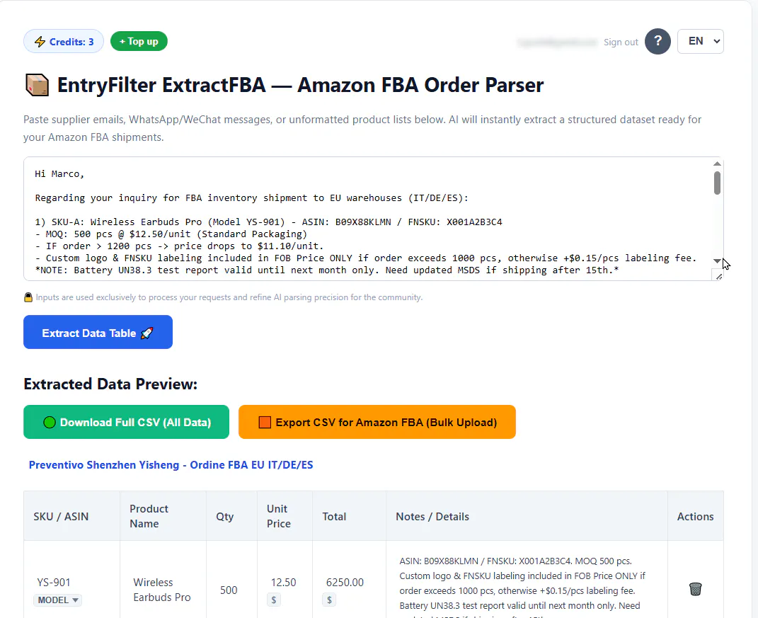 ExtractFBA: Raw Text to FBA-Ready CSV gallery image