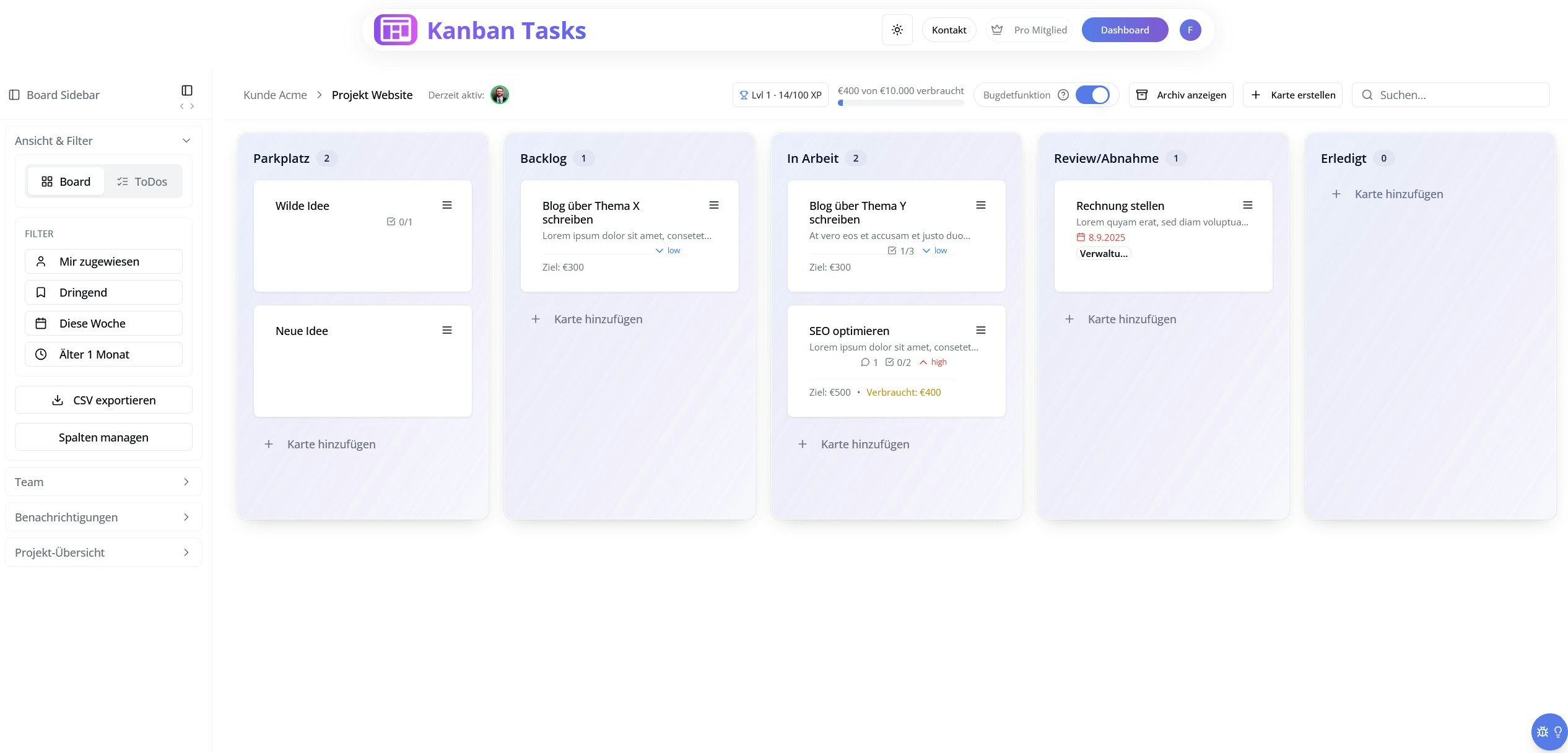 KanbanTasks.app - कार्य प्रबंधन और बजट अवलोकन Gamification को पूरा करता है मीडिया 1