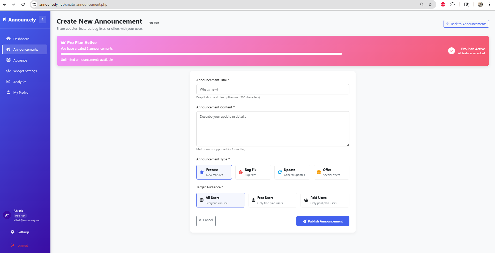 Announcely.net | Changelog & Updates - Screenshot 3 showing product features and functionality