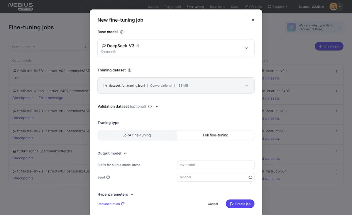 Nebius AI Studio Fine-Tuning
