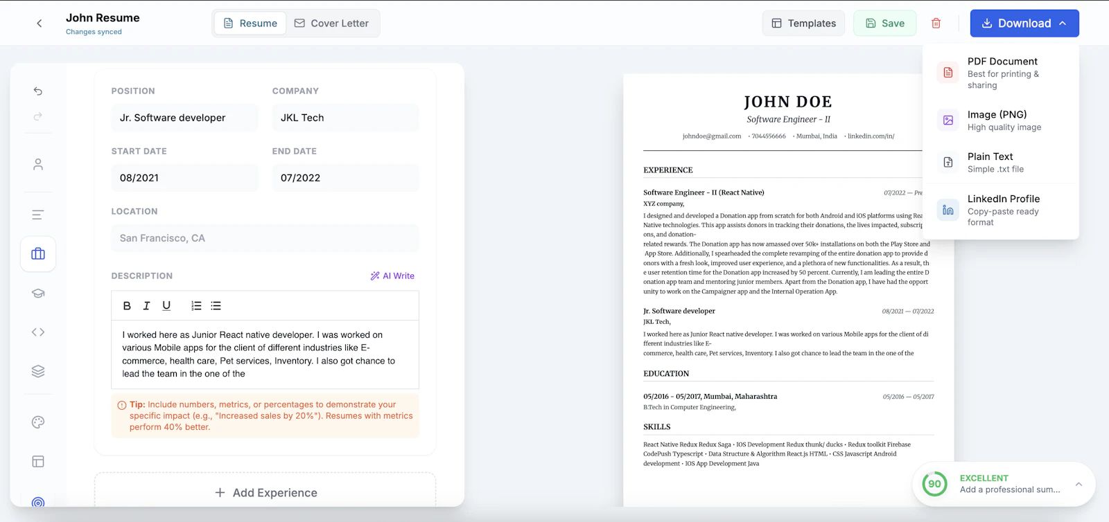 NourResume screenshot 3