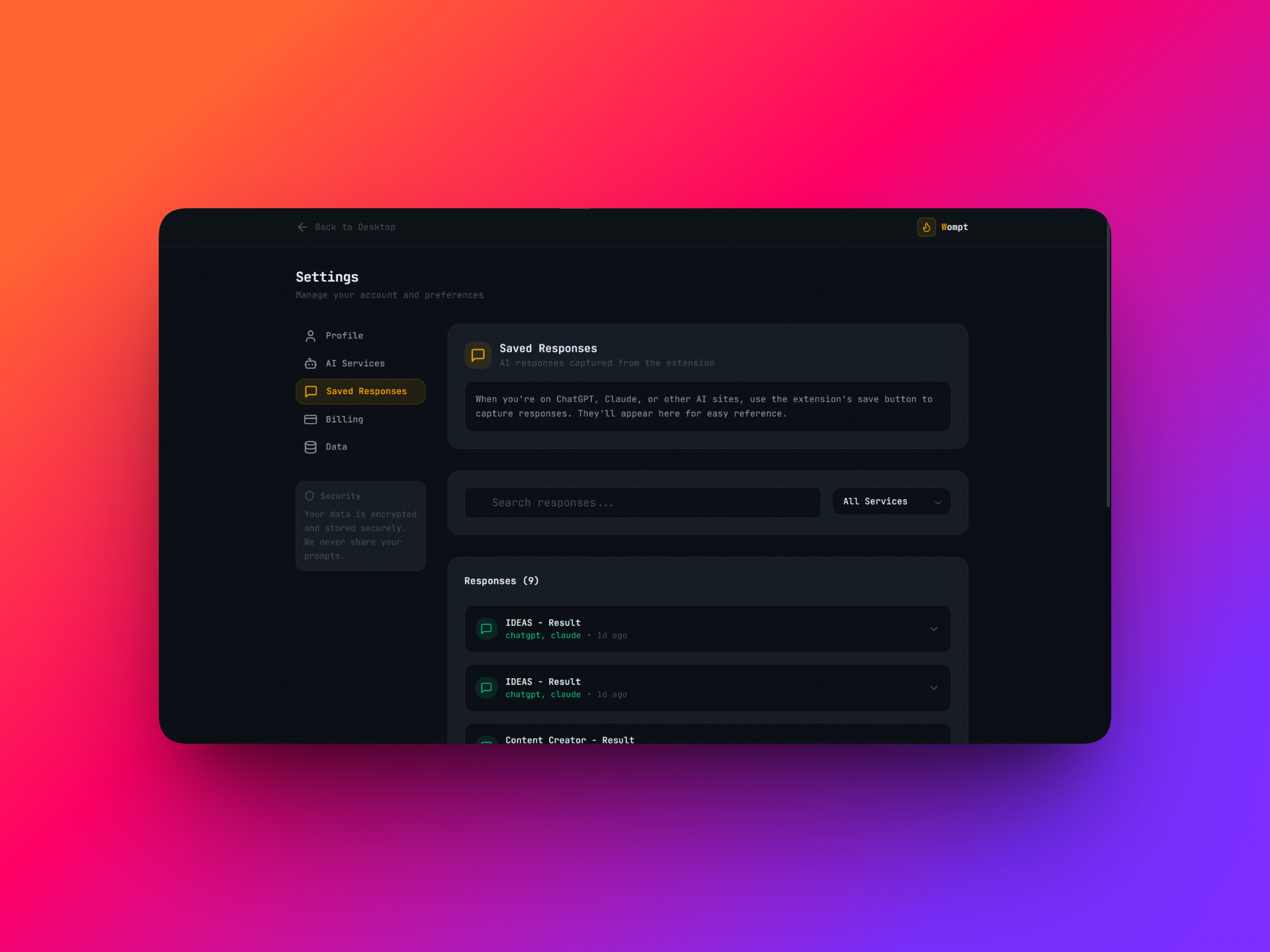 Wompt - AI Prompt Automation - Screenshot 4 showing product features and functionality