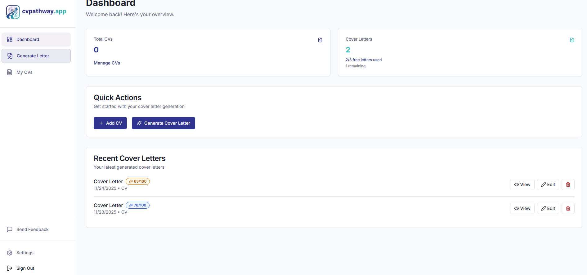 CV Pathway - Main product screenshot demonstrating key features and user interface