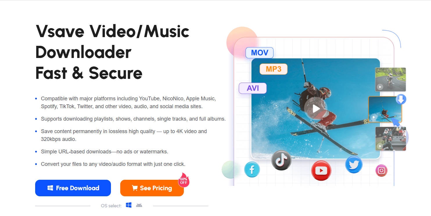 Vsave - Herhangi bir web sitesinden video/müzik dönüştürün ve indirin medya 1