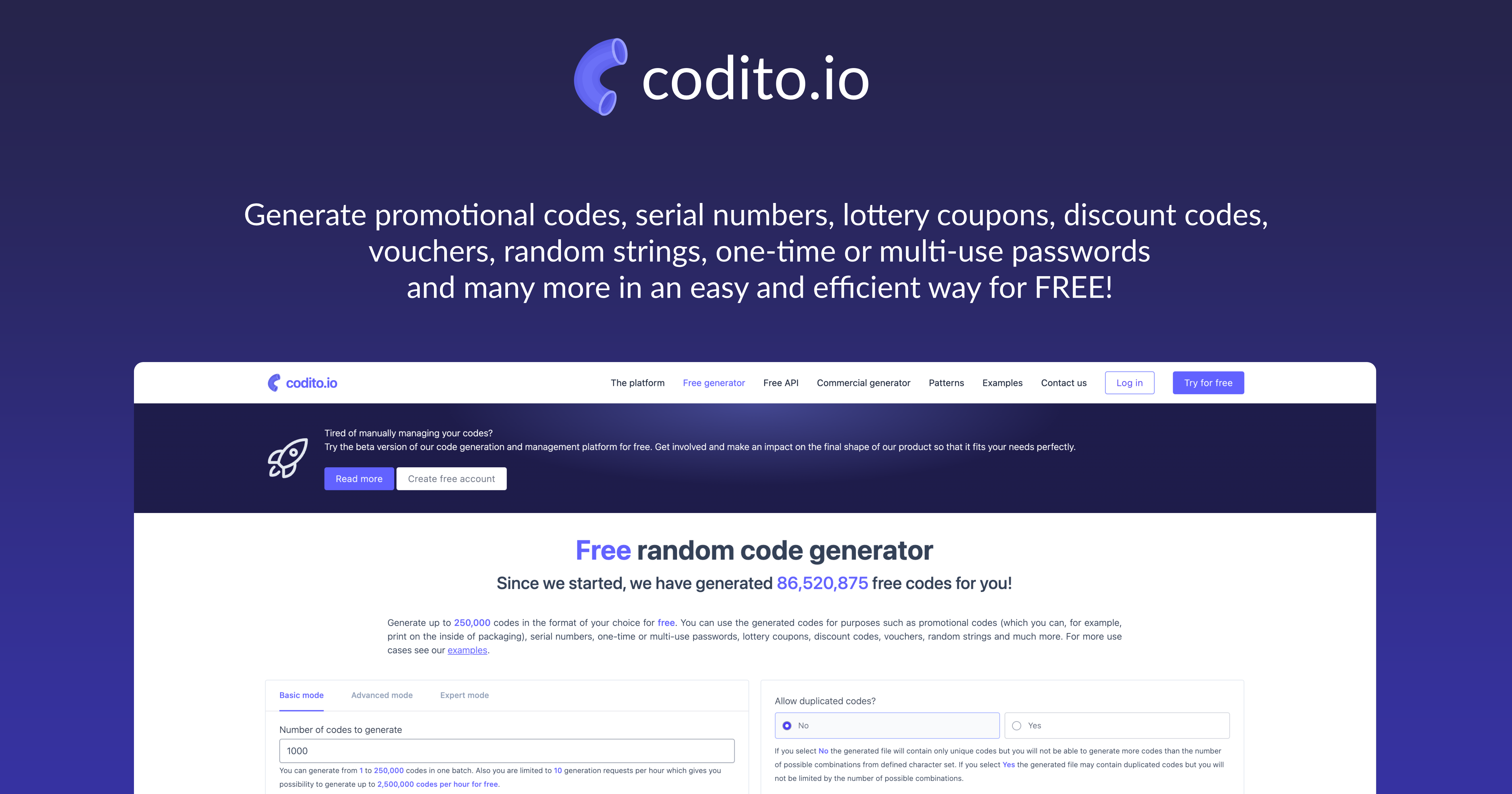 Free random code generator by codito.io gallery image