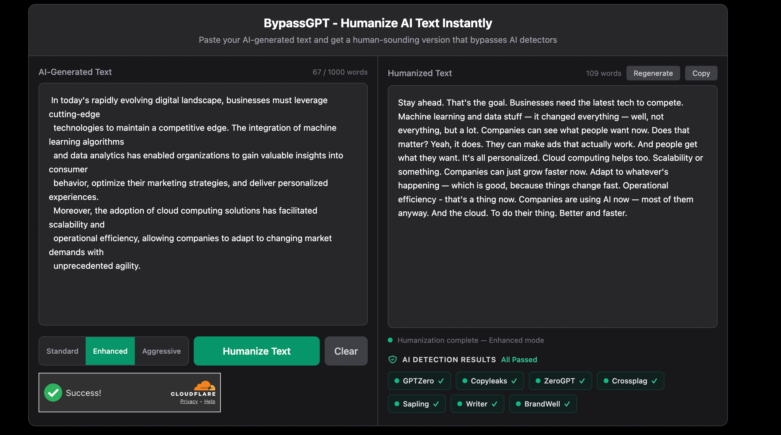 BypassGPT - Main product screenshot demonstrating key features and user interface