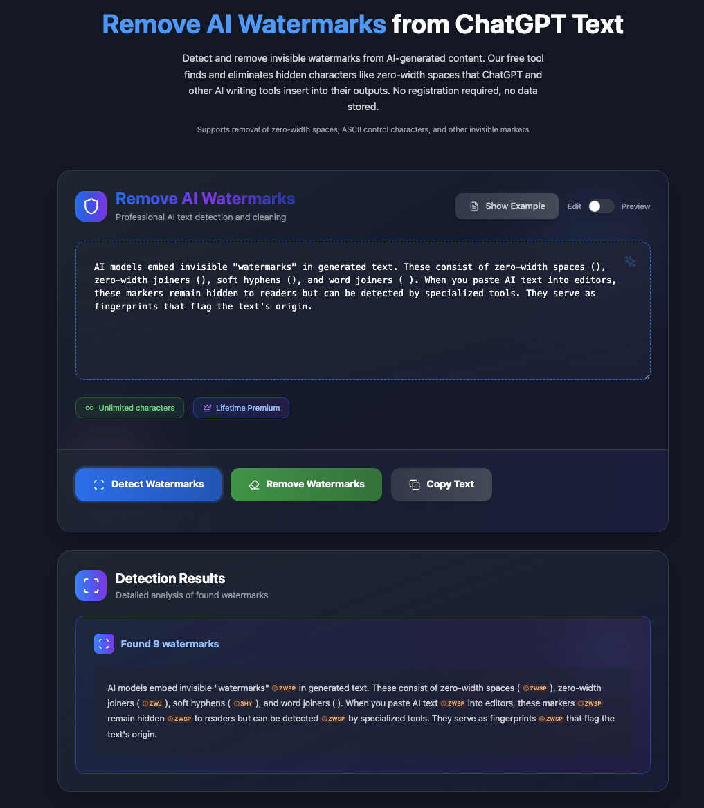 GPT Watermark Heverover - Снимите скрытые водяные знаки AI из вашего текста за один щелчок медиа 1