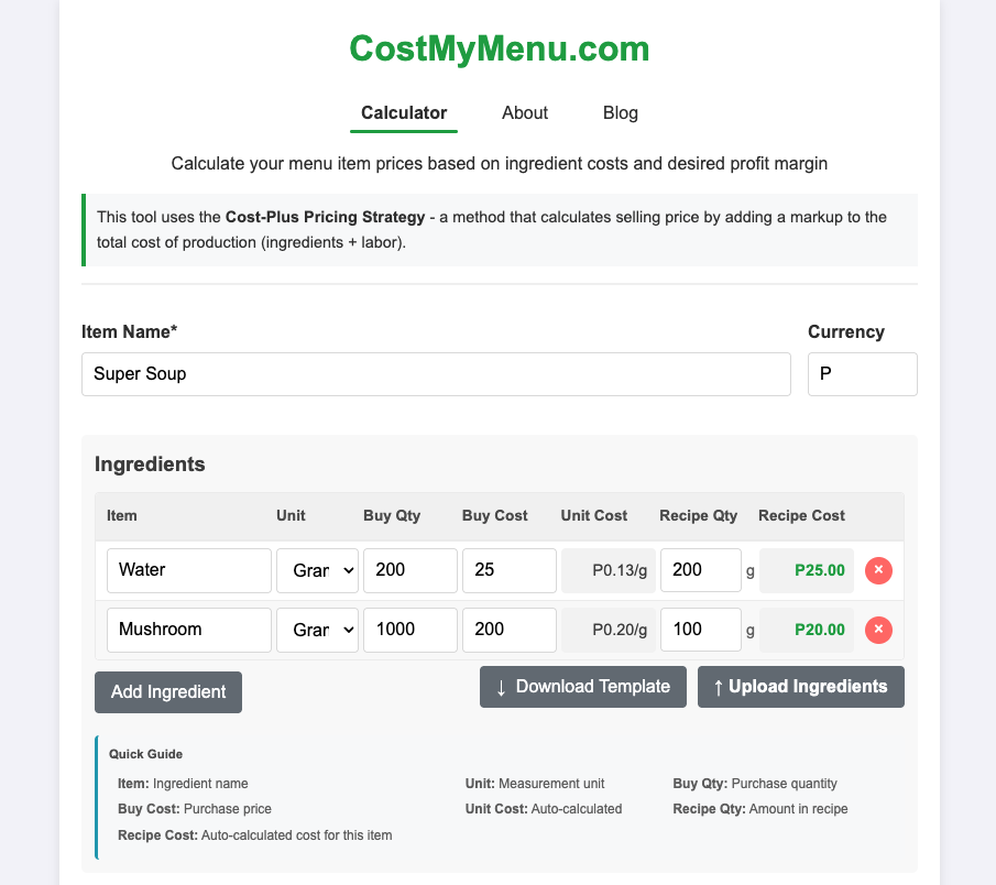 وسائط costmymenu - حاسبة سعر قائمة مطعم مجانية 2