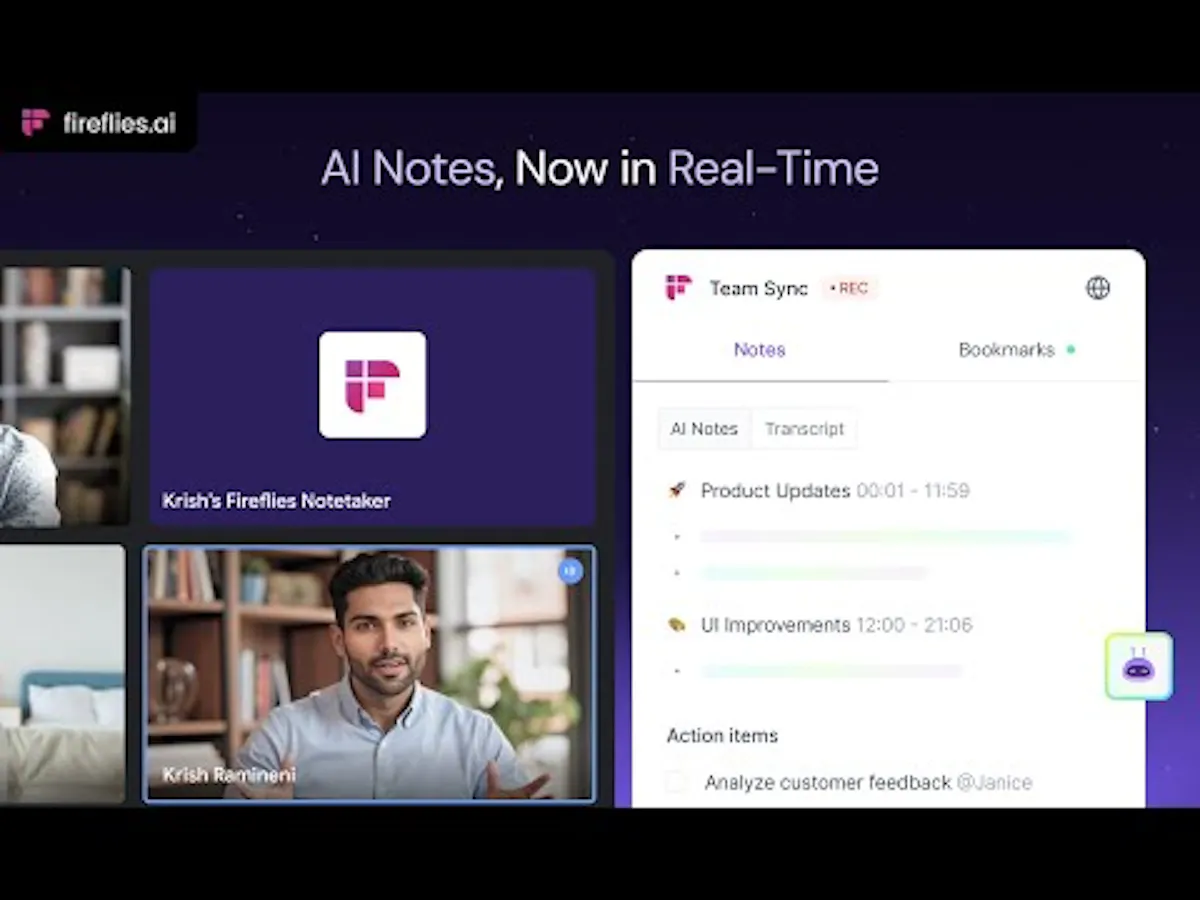 Fireflies.ai notes panel showing timestamped AI notes, transcript tab, and action items list