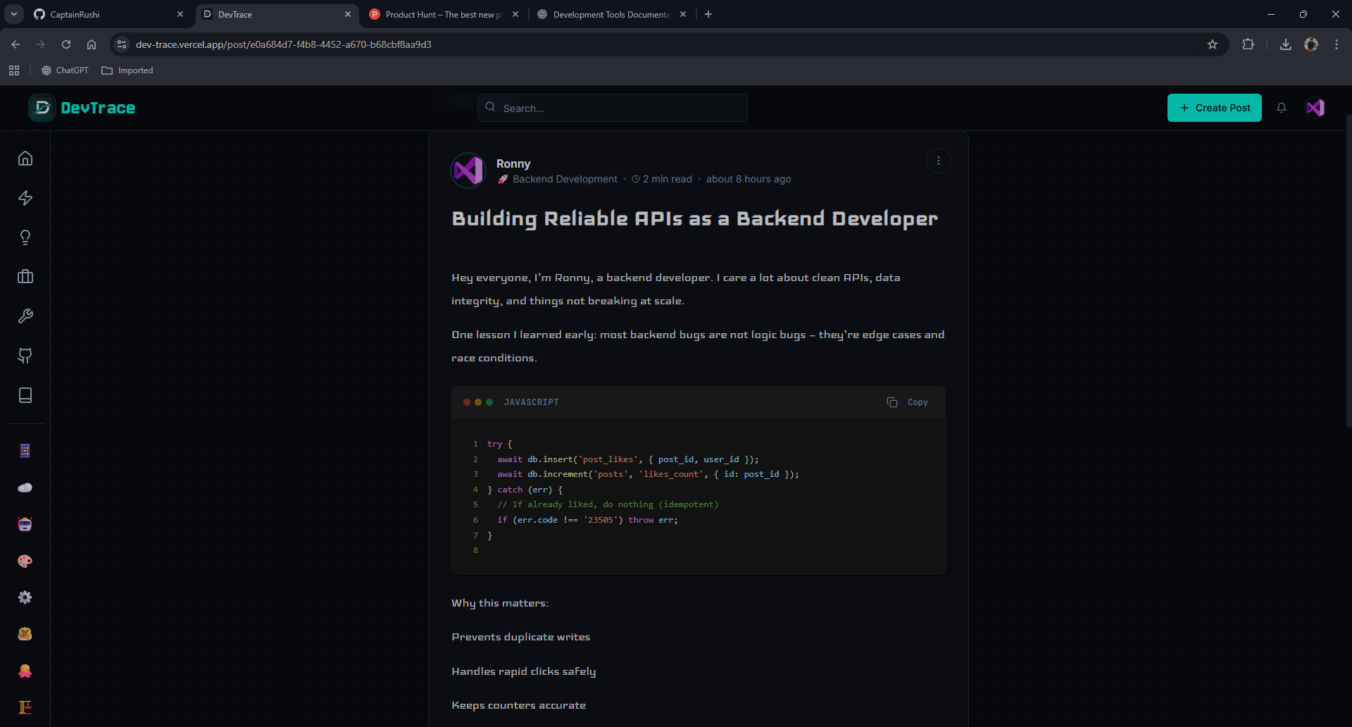 DevTrace - Screenshot 2 showing product features and functionality