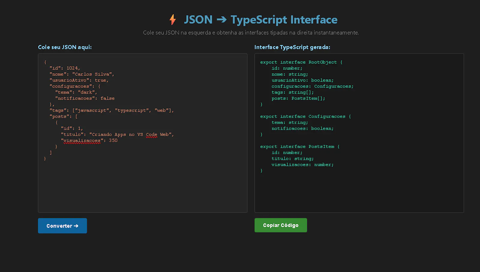 JSON to TypeScript Interface Converter screenshot 2