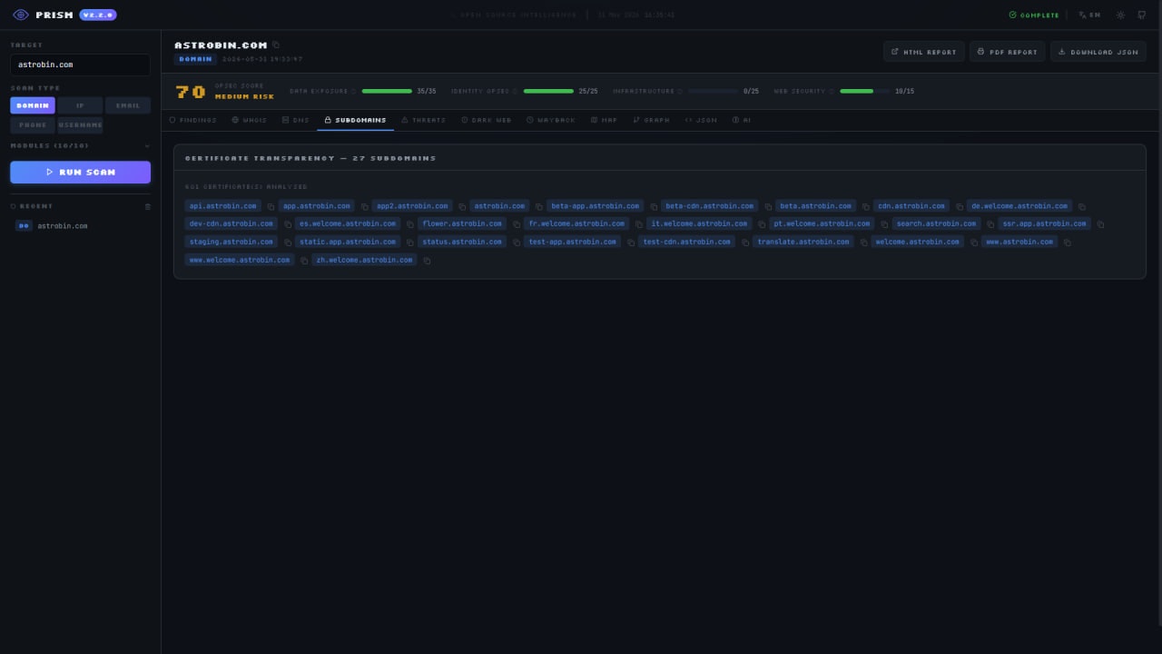 Prism - All-in-one OSINT platform gallery image