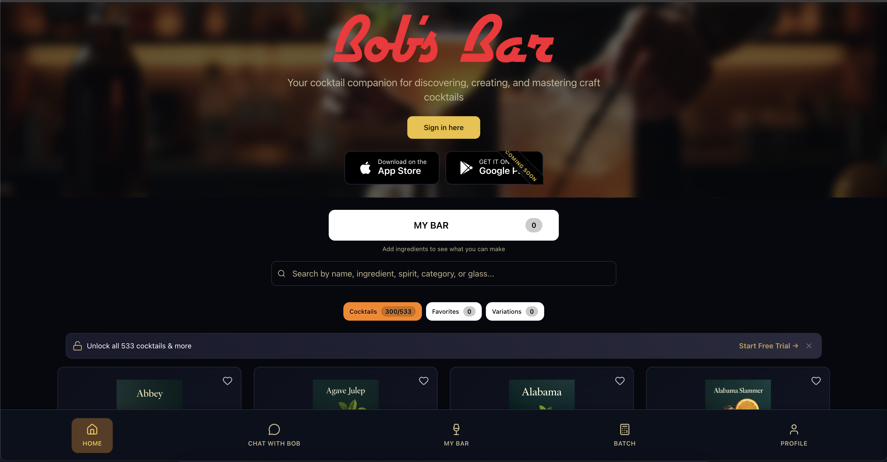 Bob's Bar - Main product screenshot demonstrating key features and user interface