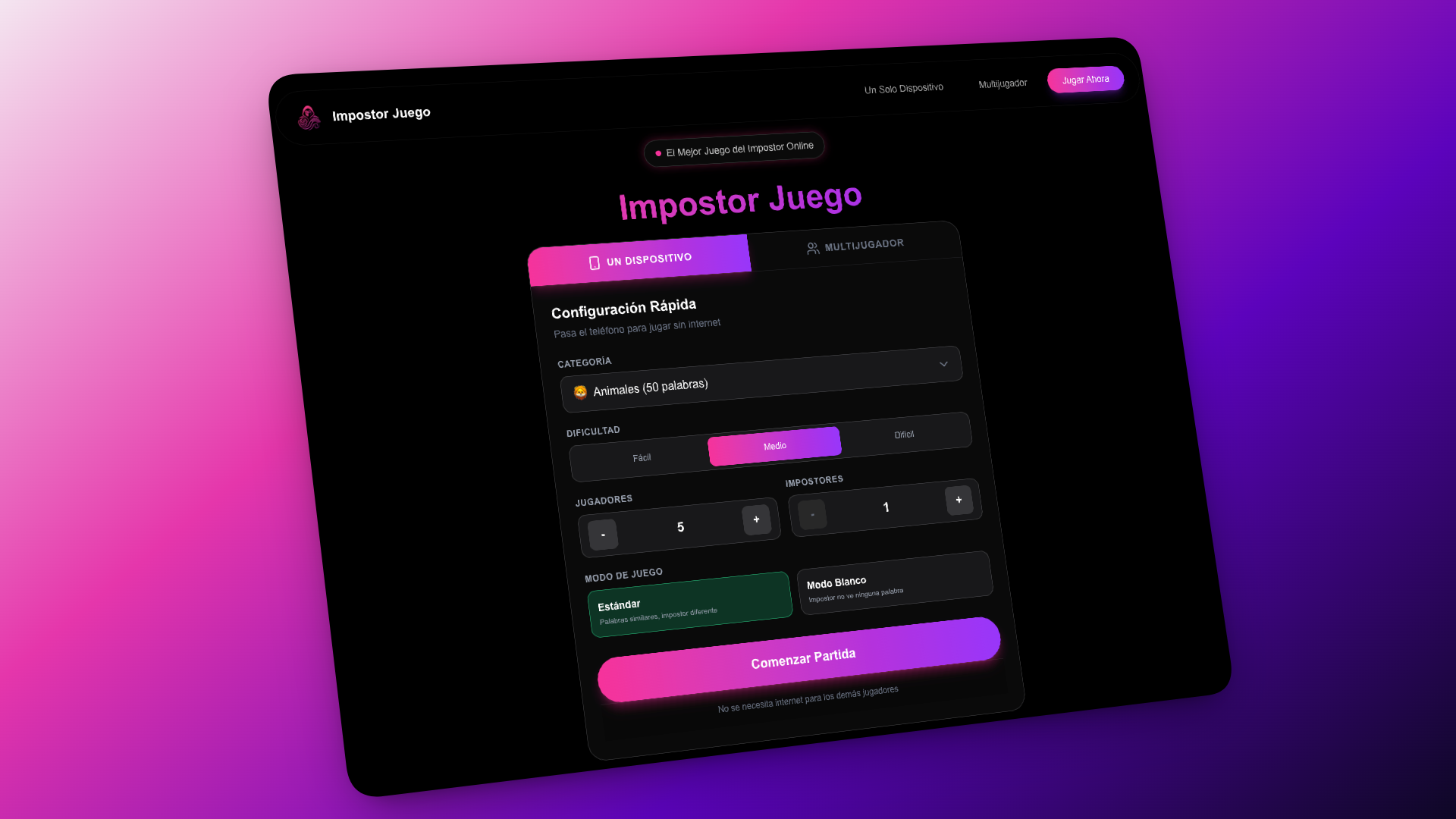 Impostor Juego - Main product screenshot demonstrating key features and user interface