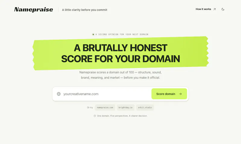 Namepraise - domain name scoring screenshot 1