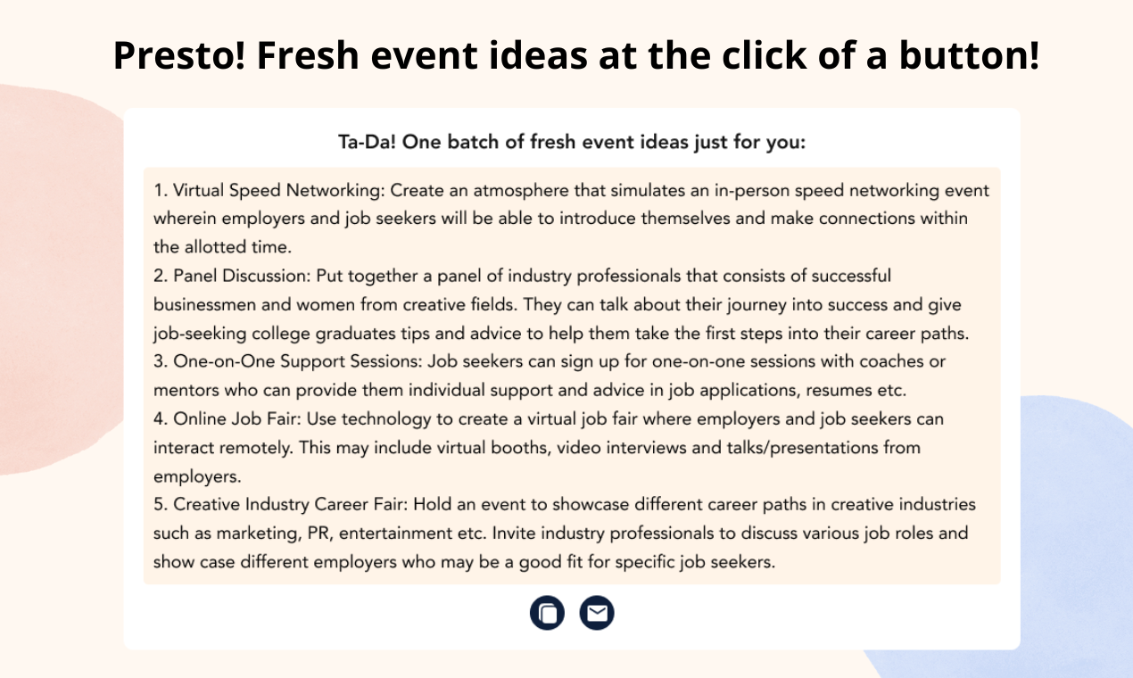 Mídia 4 de Gerador de ideia de evento AI - Brainstorm Idéias novas e personalizadas para qualquer evento em segundos