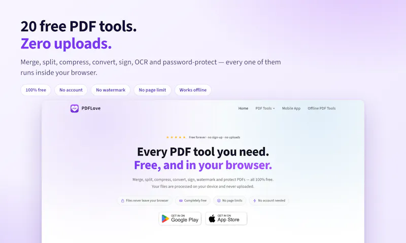 PDF tools with no uploads, no account screenshot 1