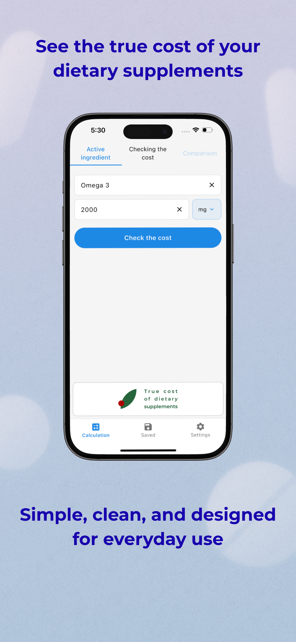True cost of dietary supplements - Main product screenshot demonstrating key features and user interface