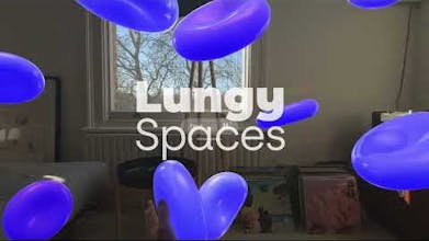 展示一个智能手机屏幕的插图，显示Lungy: Spaces应用程序，展示一个宁静的自然环境，用于冥想。