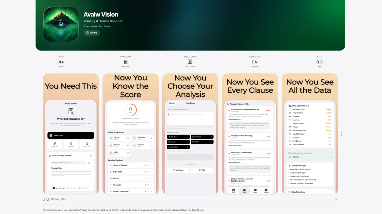 Avalw Vision — Privacy & Terms Scanner 제품 배너