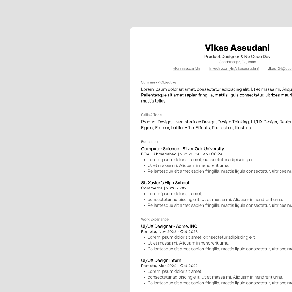 하나의 열만 이력서 CV 템플릿 만 텍스트합니다