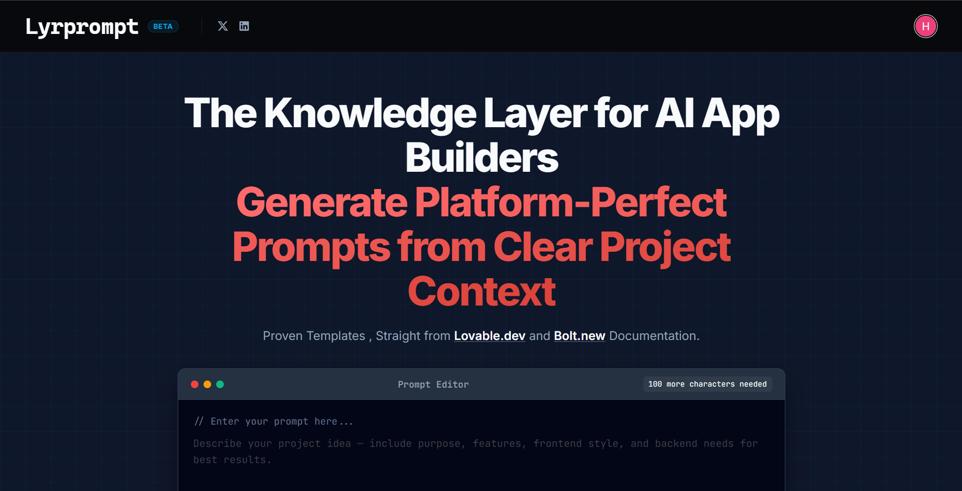 Lyrprompt – Smart AI Prompt & KB Builder - Main product screenshot demonstrating key features and user interface