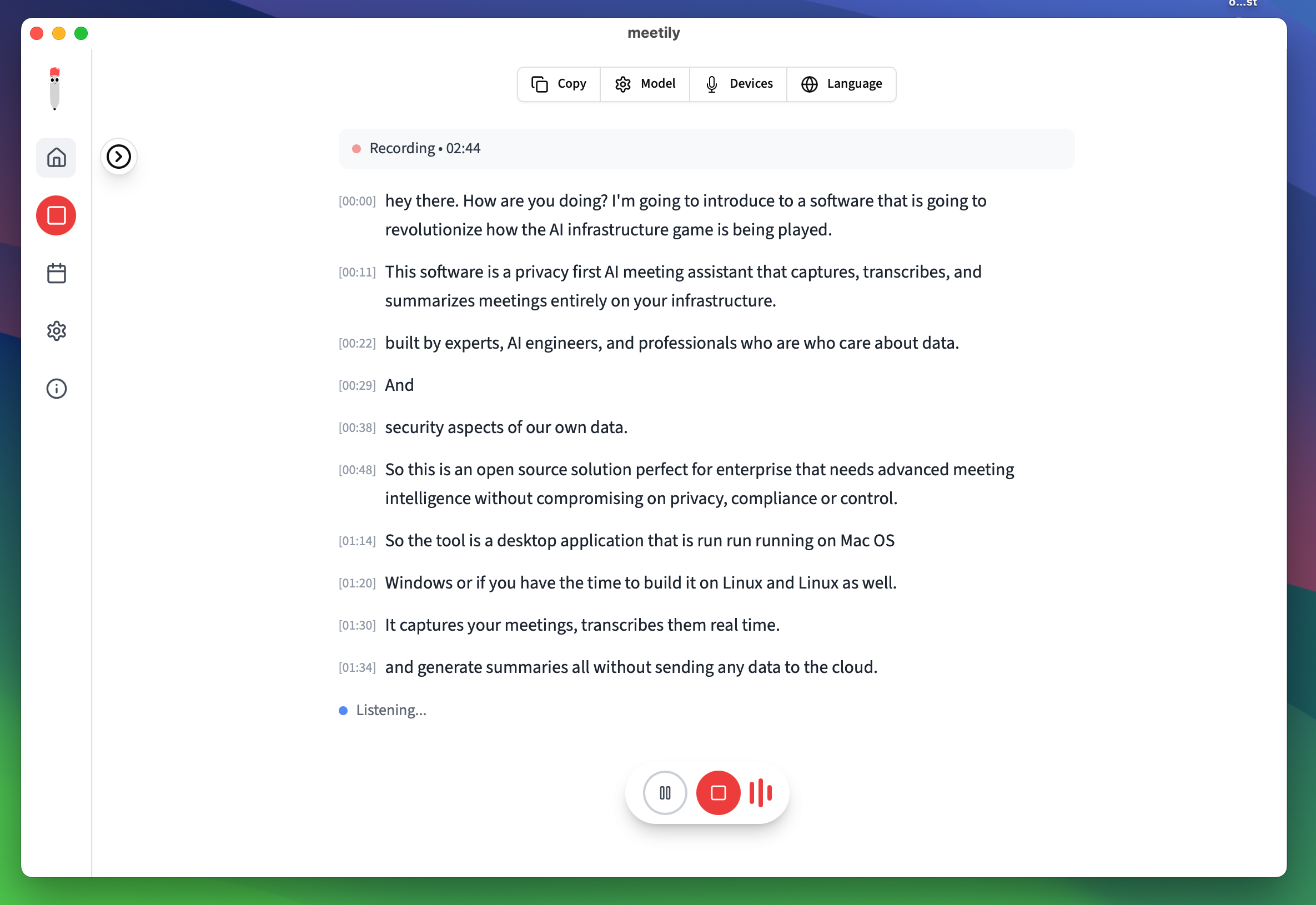 Meetily - Main product screenshot demonstrating key features and user interface