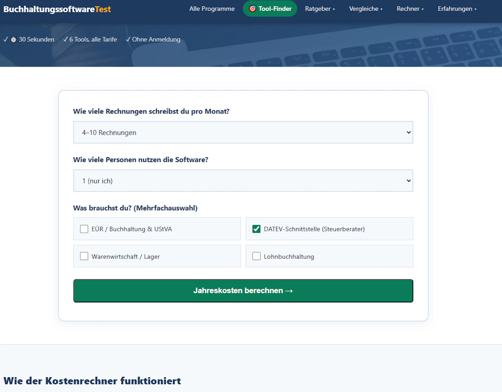 Buchhaltungssoftware Kostenrechner screenshot 1