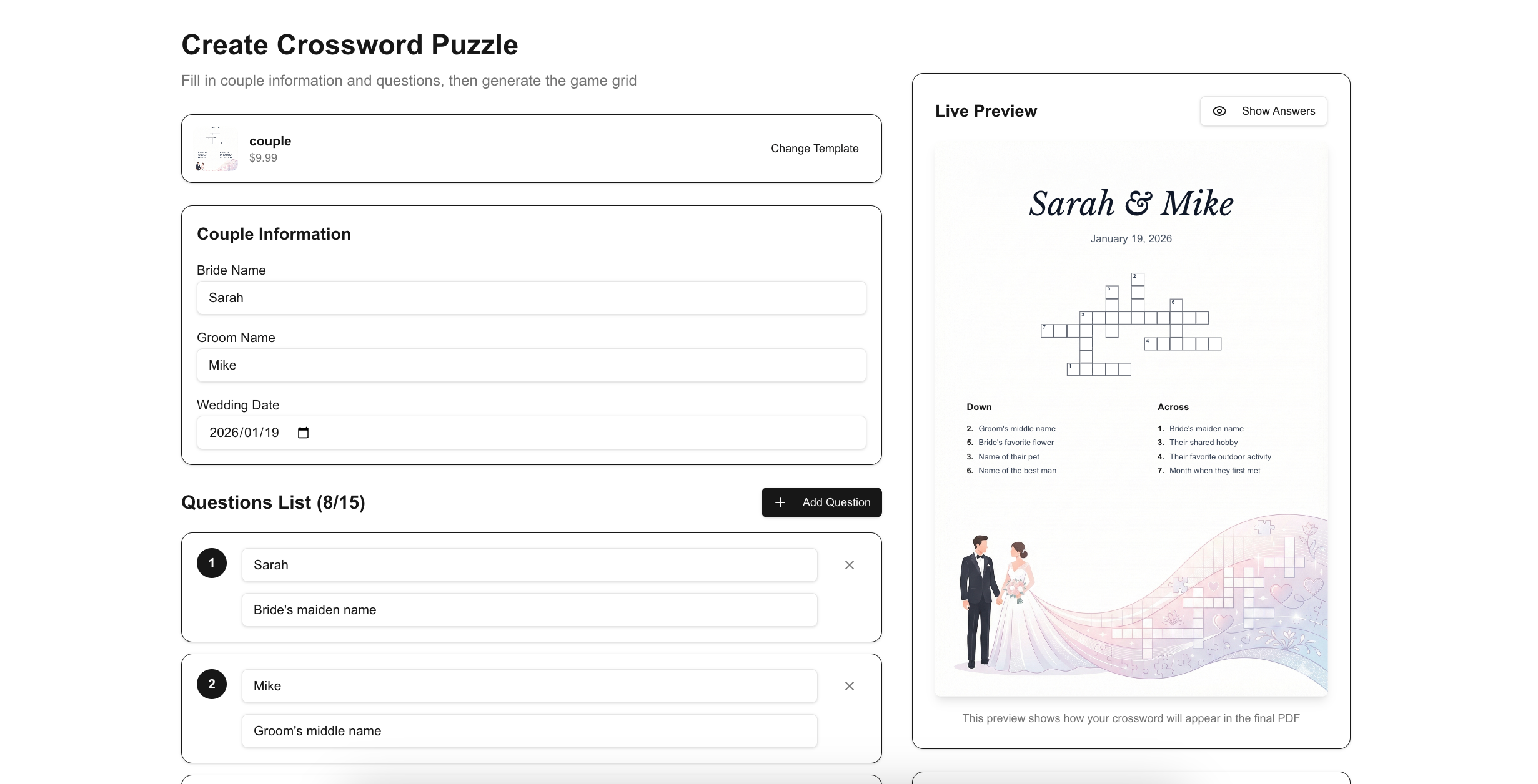Wedding Crossword Puzzle Maker - Main product screenshot demonstrating key features and user interface
