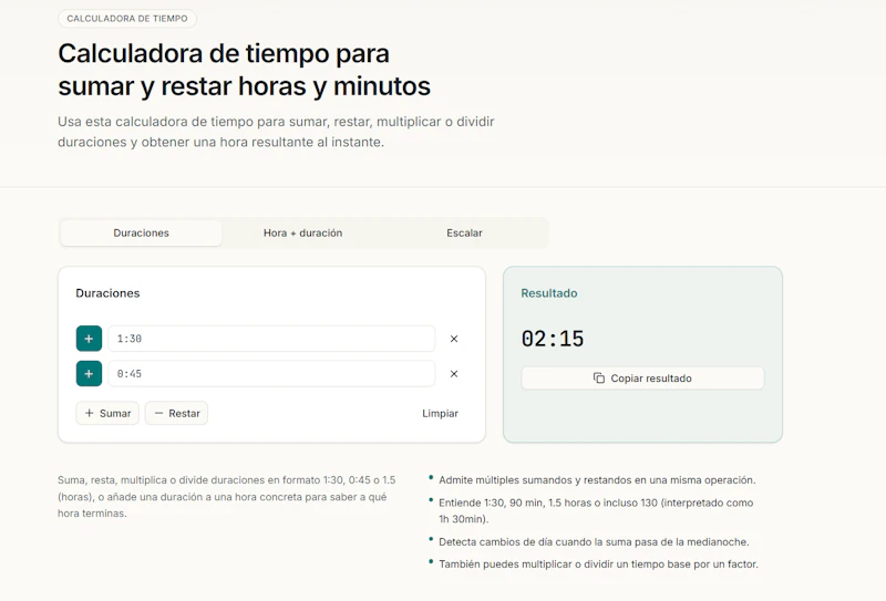 Calculadora de horas trabajadas online screenshot 2