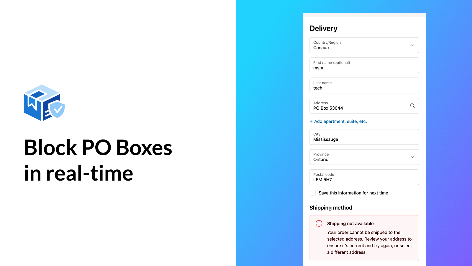 وسائط مانع صندوق الصناديق النهائي لـ Shopify - حظر عناوين صندوق صناديق في الوقت الفعلي في Shopify Checkout 3
