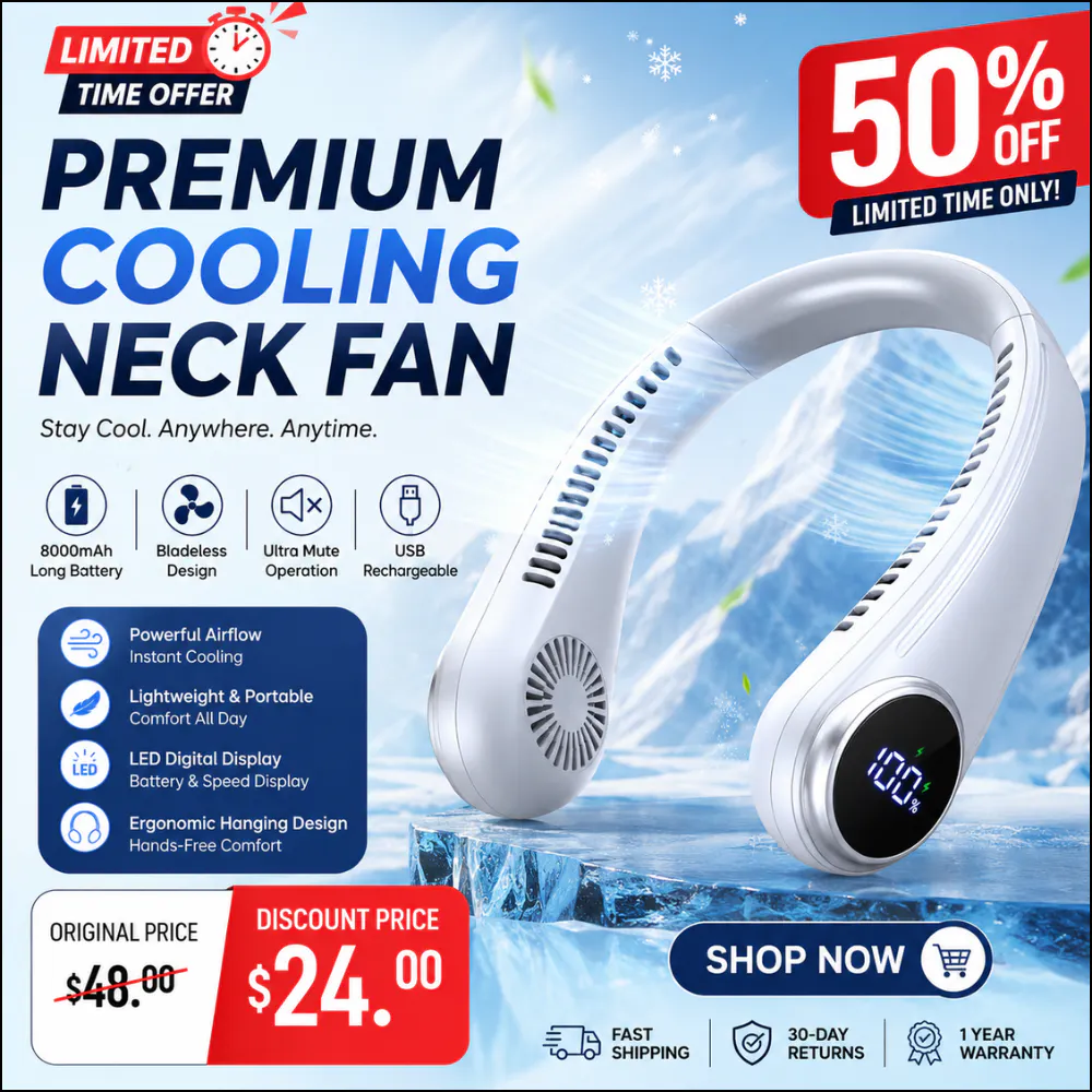 Premium Cooling Neck Fan 50% Off Now. 專案橫幅