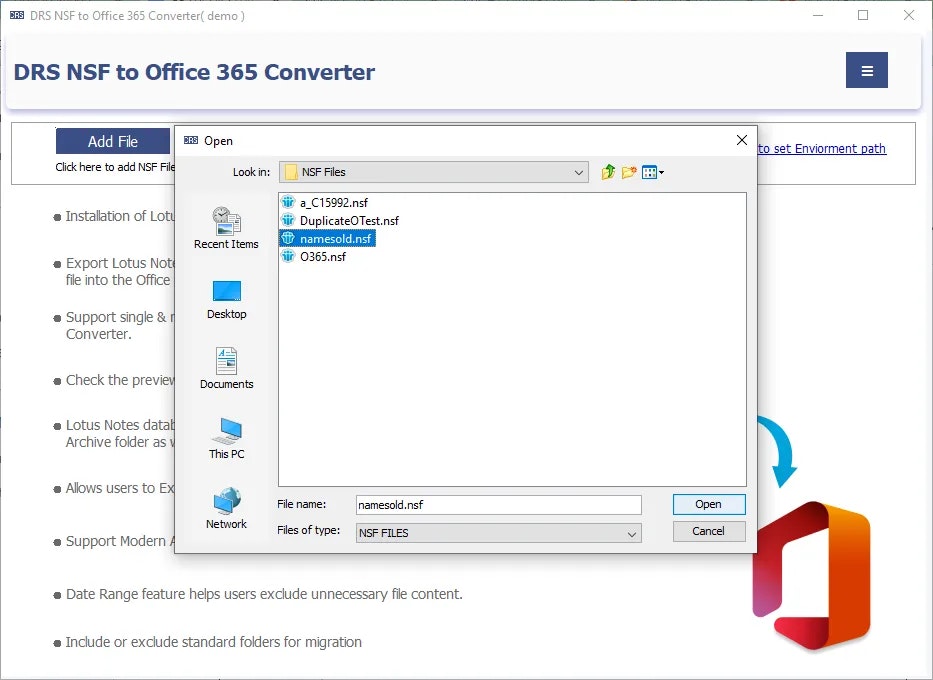 DRS Solution NSF to Office 365 Migration - Screenshot 3 showing product features and functionality