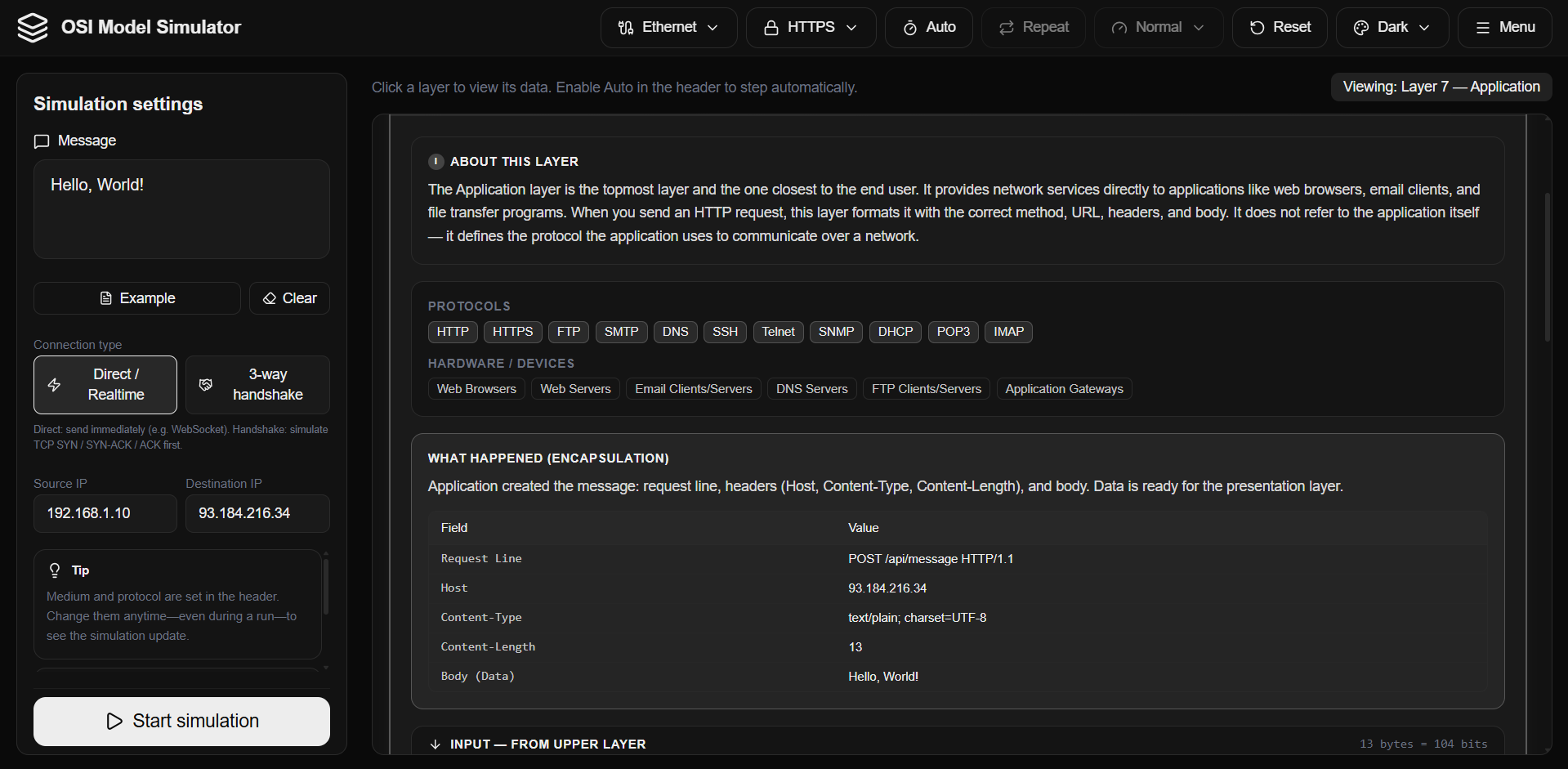 OSI Model Simulator - Screenshot 2 showing product features and functionality