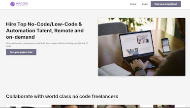 Die Website-Oberfläche von No-Code Connect zeigt ein benutzerfreundliches Dashboard mit verschiedenen Funktionen für Projektmanagement und Zusammenarbeit.