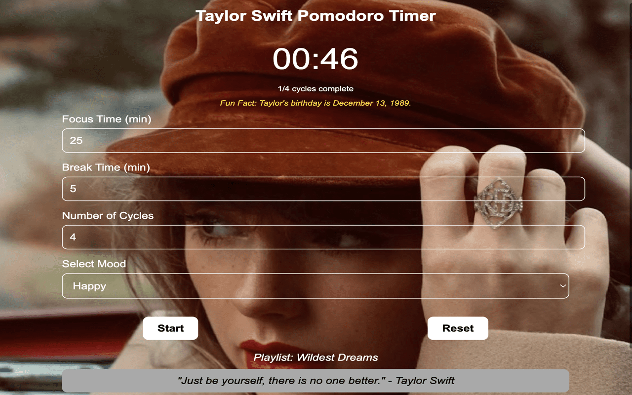 Média Taylor Swift Pomodoro Timer - Une minuterie de Pomodoro sur le thème de Taylor Swift chargé de fonctionnalités. 2