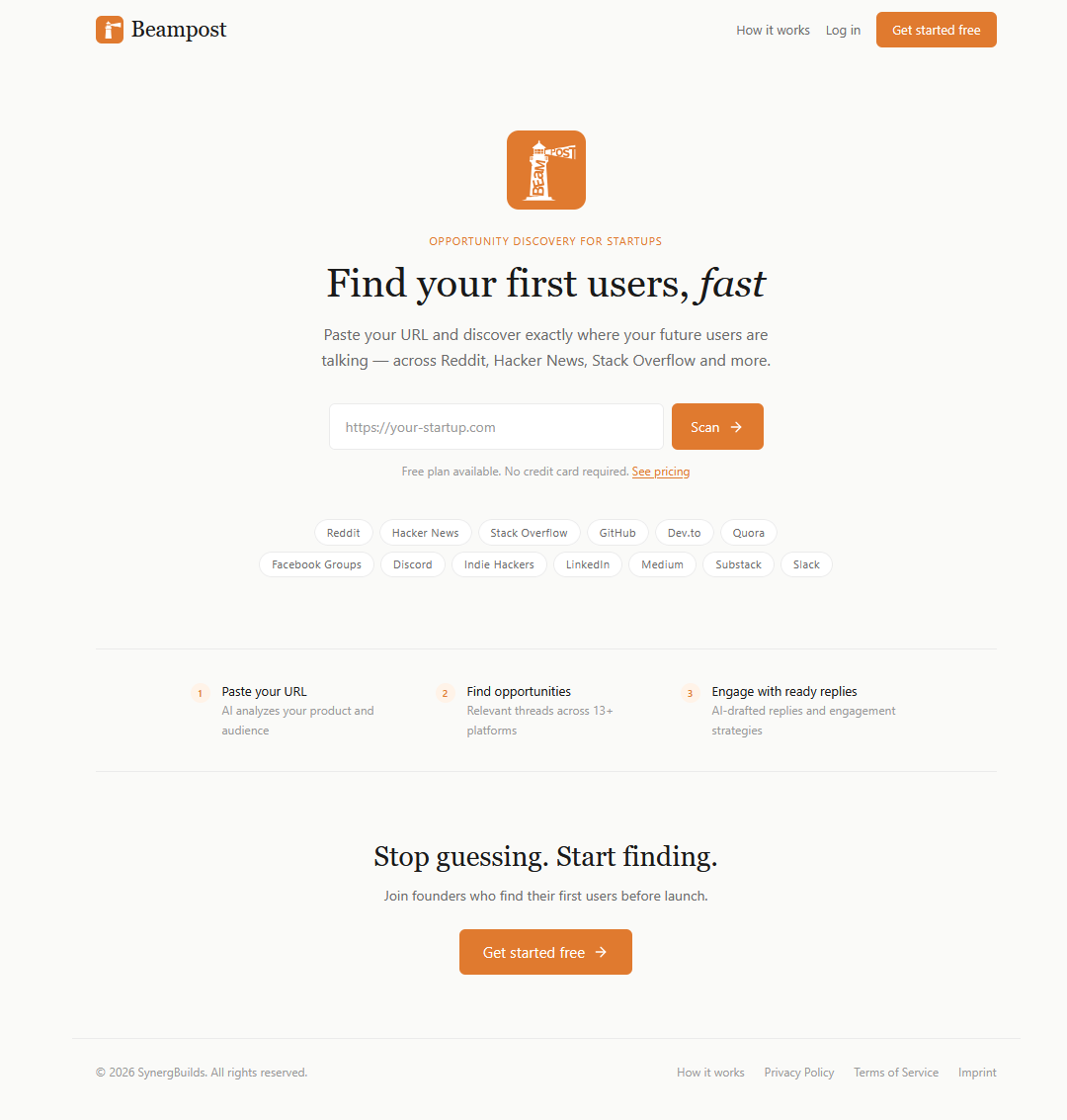 Beampost — Find your first users, fast - Main product screenshot demonstrating key features and user interface