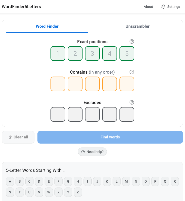 WordFinder5Letters - Main product screenshot demonstrating key features and user interface