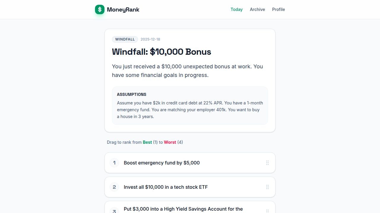 MoneyRank - Main product screenshot demonstrating key features and user interface