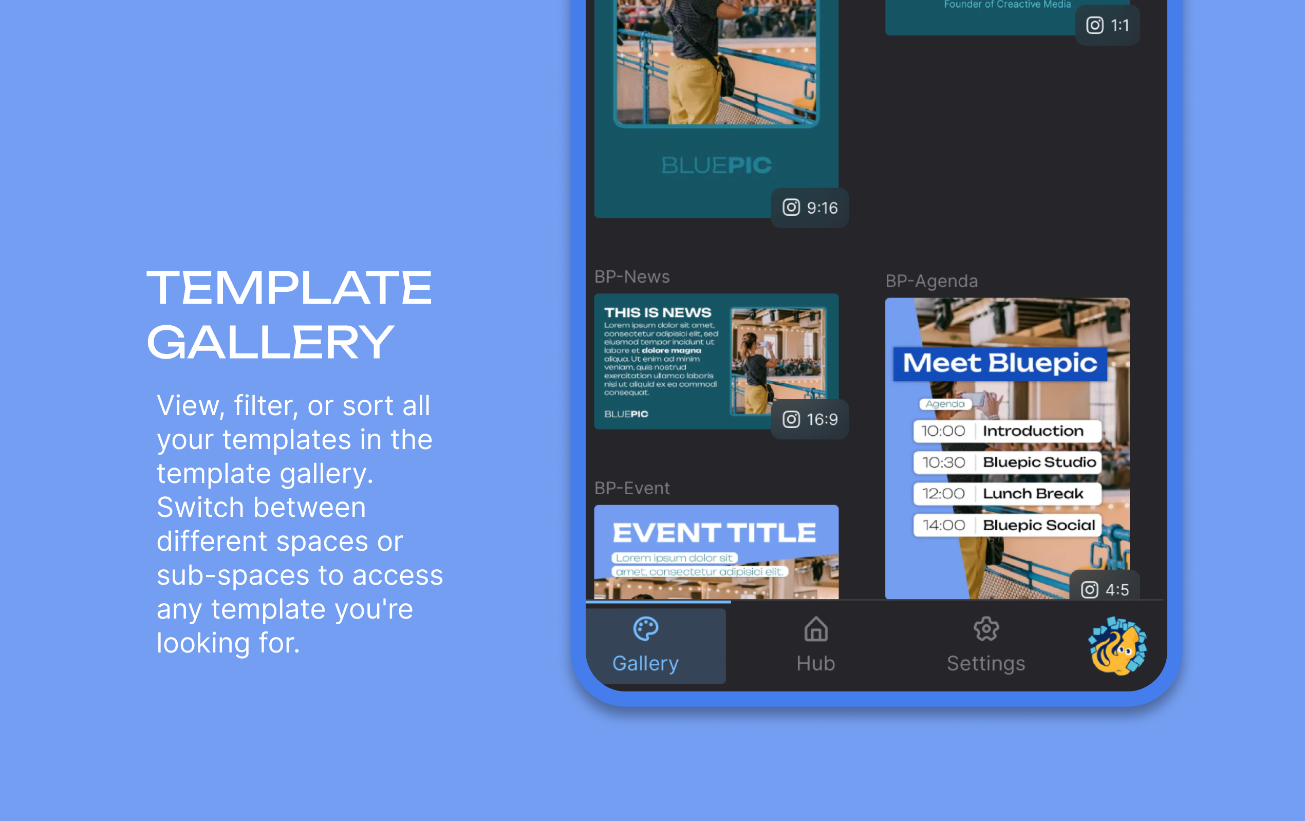 Bluepic Social - アプリにBluepicテンプレートを使用して数秒でコンテンツを作成するメディア2