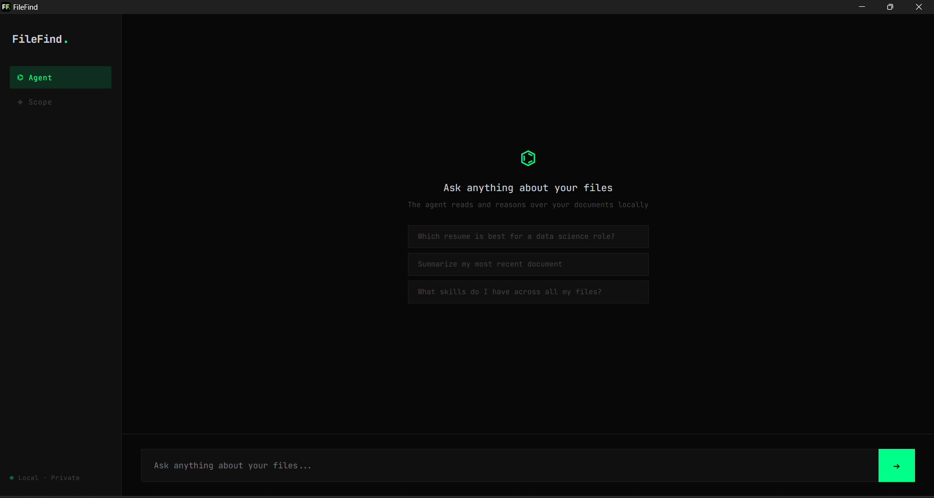 FileFind — Ask Anything About Your Files - Main product screenshot demonstrating key features and user interface