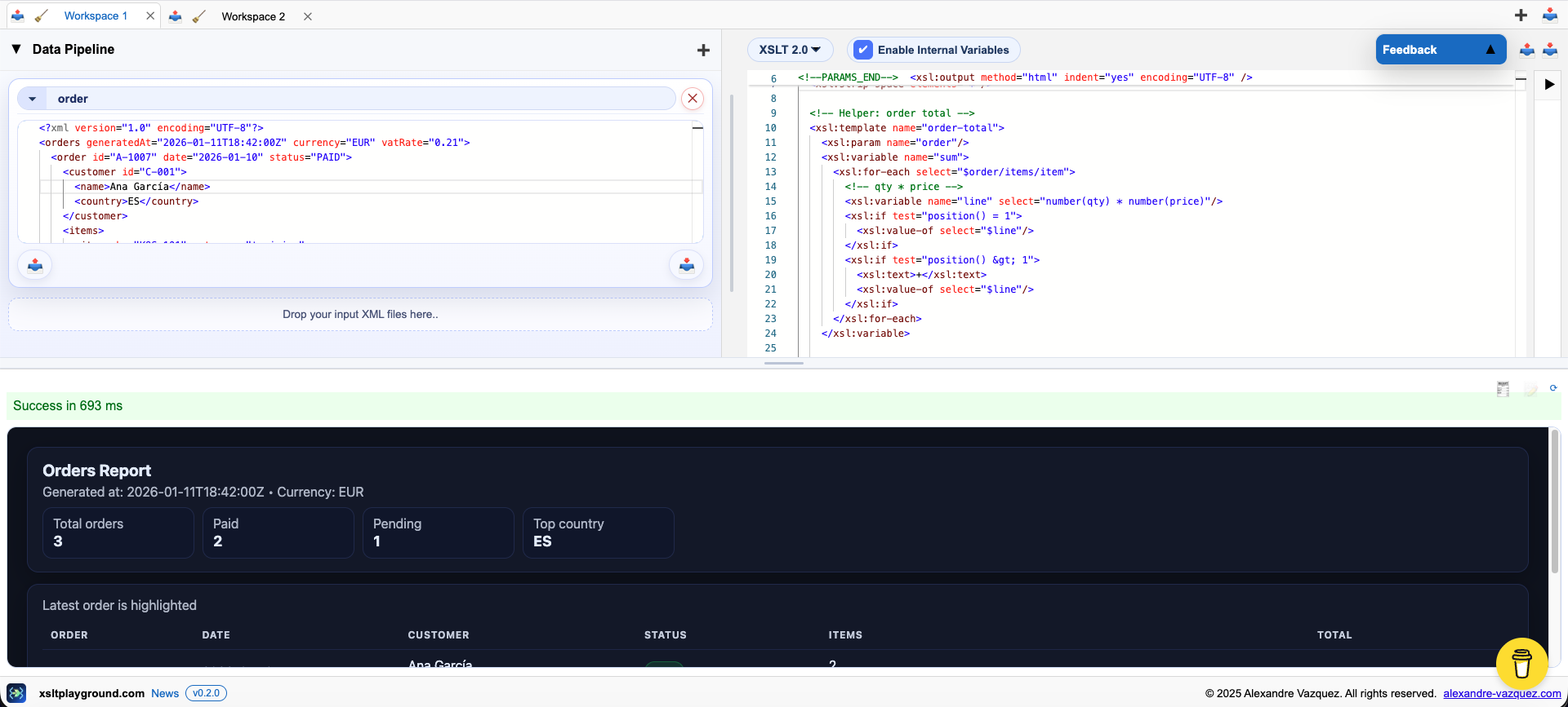 XSLT Playground - Main product screenshot demonstrating key features and user interface