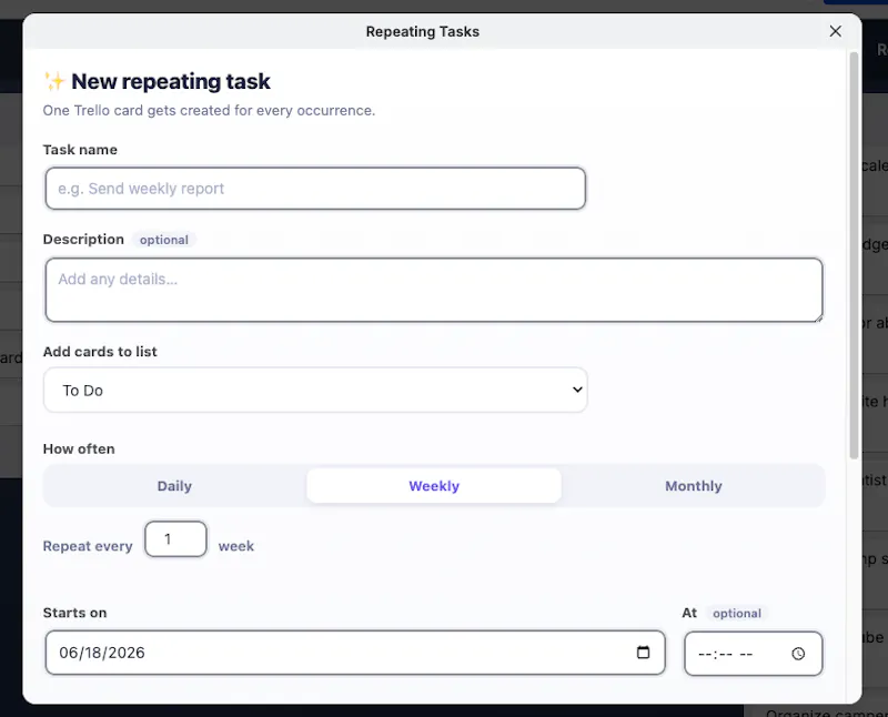Repeating Tasks for Trello screenshot 1