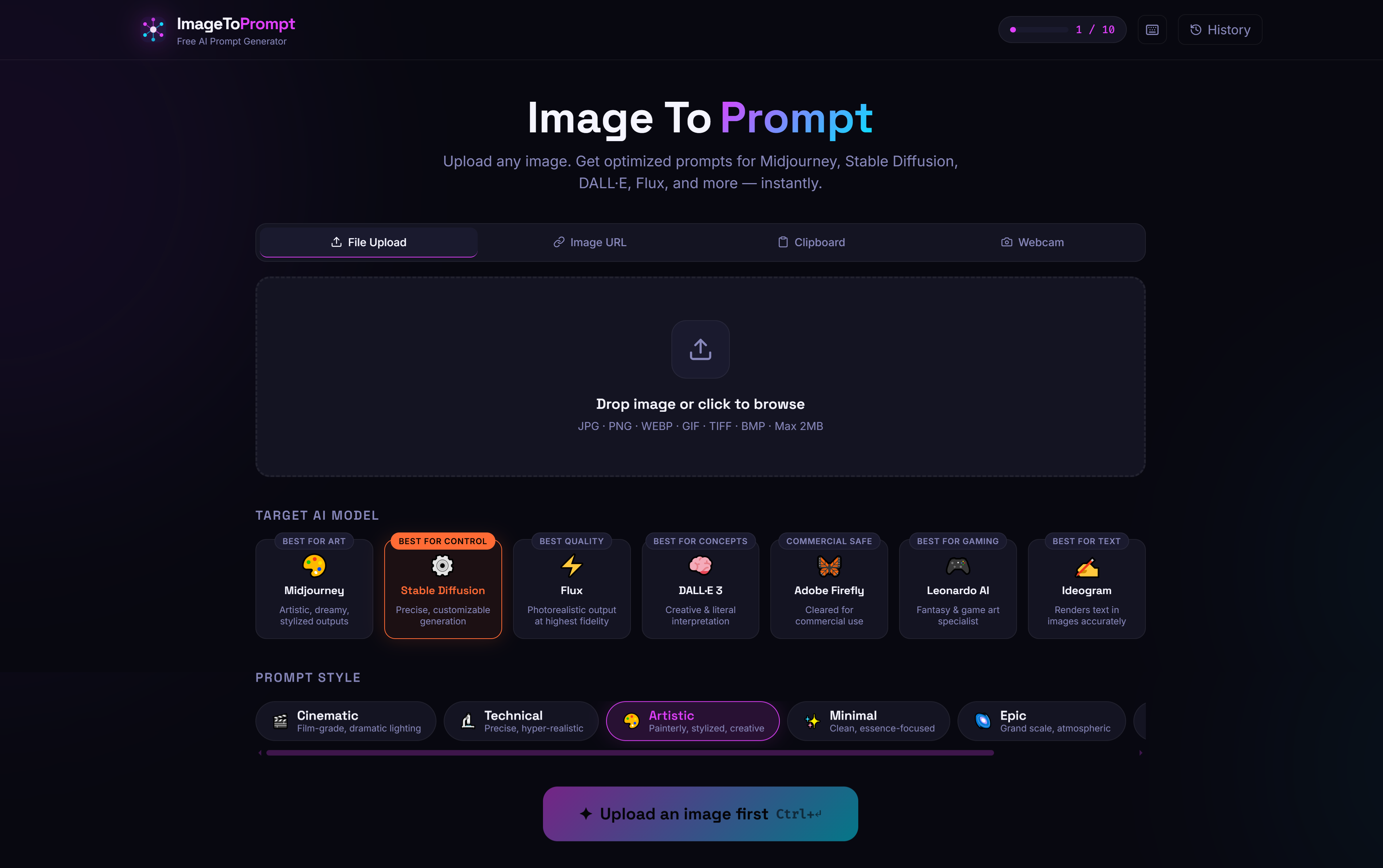 ImageToPrompt - Main product screenshot demonstrating key features and user interface