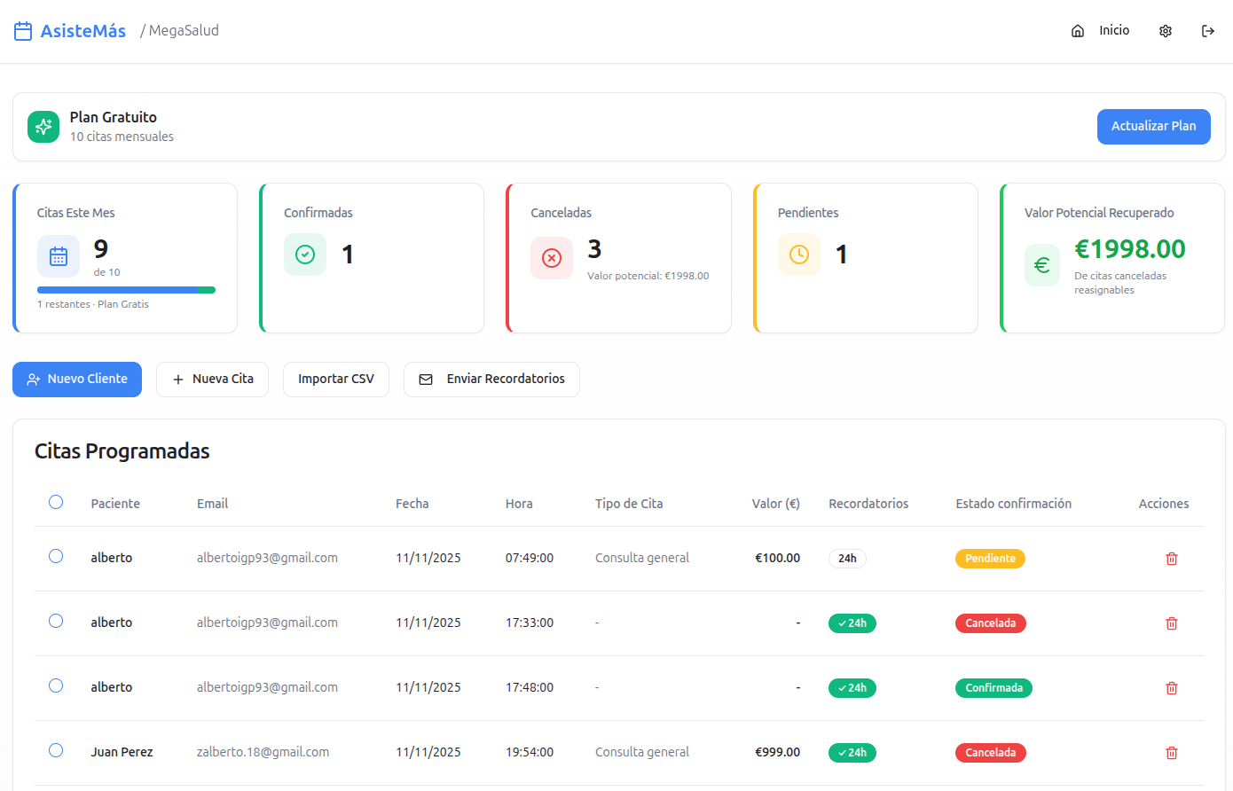 Asiste Más - Main screenshot showing features and interface