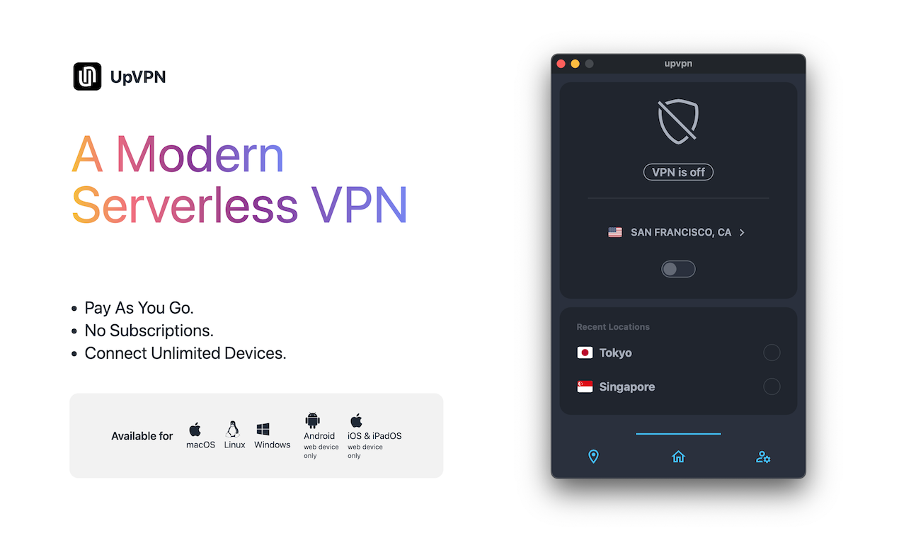upvpn - Wireguard의 Serverless VPN, 많은 장치, 구독 없음 미디어 1